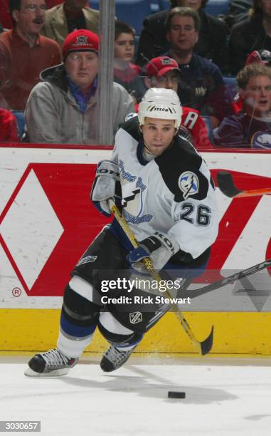 Right wing Martin St. Louis of the Tampa Bay Lightning skates on the ice during the game against the Buffalo Sabres at HSBC Arena on February 20,...