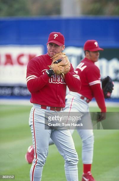 Infielder Jon Zuber of the Philadelphia Phillies in action during a spring training game against the Toronto Blue Jays at Grant Field in Dunedin,...