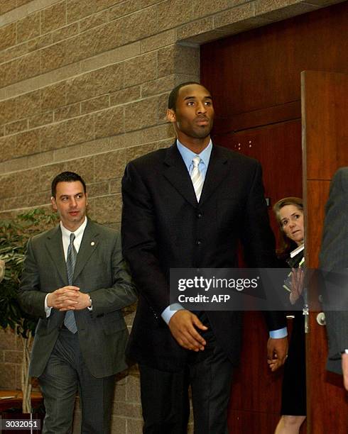 Lakers star Kobe Bryant and his attorney Pam Mackey leave the Eagle County Justice Center after pretrial hearings 01 March, 2004 in Eagle, Colorado....