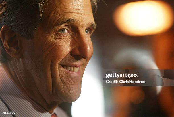 Senator John Kerry gives an interview at a loading dock on March 2, 2004 in Atlanta, Georgia. Kerry began his 'Super Tuesday' in Atlanta. Democrats...