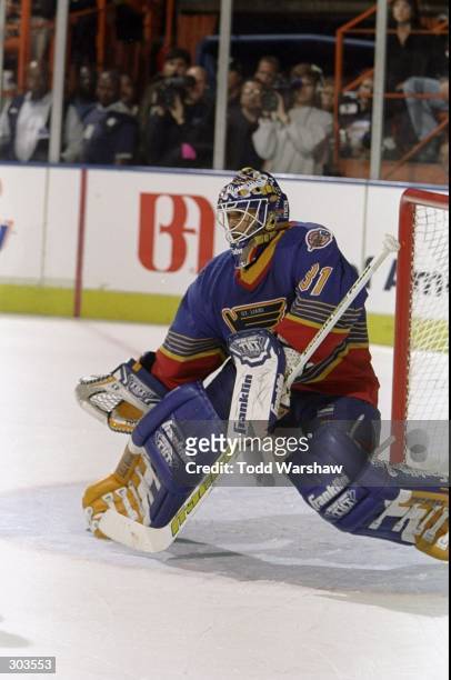 Goaltender Grant Fuhr of the St. Louis Blues in action during their NHL Playoff game against the Los Angeles Kings at the Great Western Forum in...