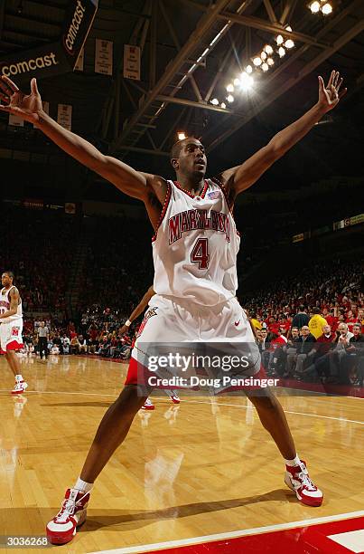 Travis Garrison of the Maryland Terrapins plays defense during the game against the Georgia Tech Yellow Jackets on February 19, 2004 at the Comcast...