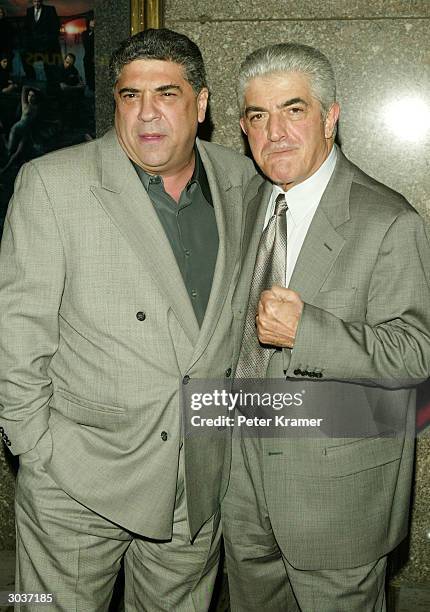 Actors Vincent Pastore and Frank Vincent attend the fifth season premiere of "The Sopranos" at Radio City Music Hall March 2, 2004 in New York City.