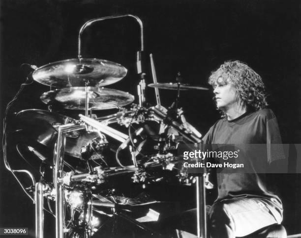 Def Leppard drummer Rick Allen on stage, 9th October 1987. Allen lost his left arm in a car accident in 1984, but continued to play with the band...
