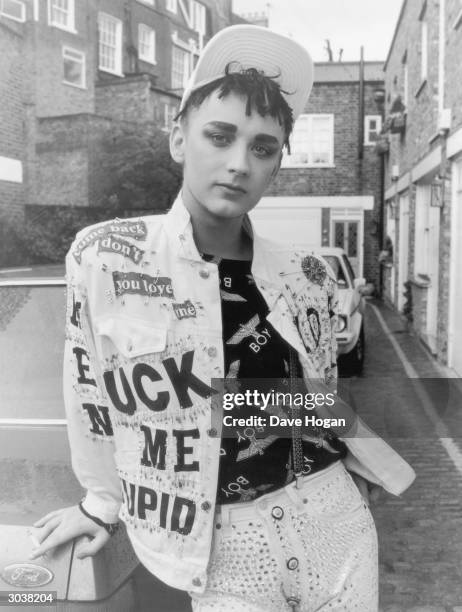 British new romantic pop singer Boy George of the group Culture Club outside his home in St John's Wood, London, 10th June 1986.