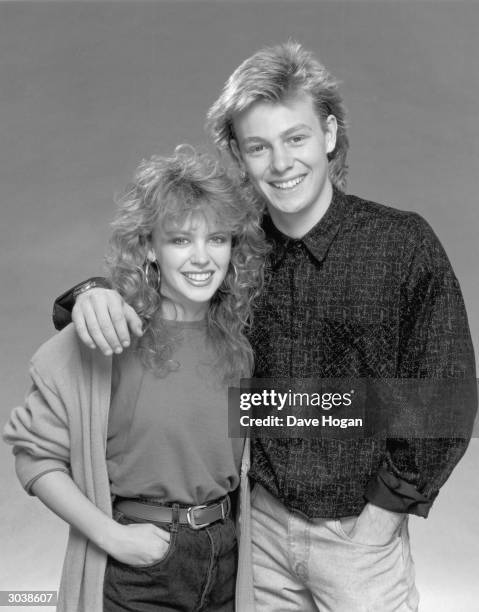 Actress and singer Kylie Minogue with her co-star in the Australian soap-opera 'Neighbours', Jason Donovan, circa 1987.