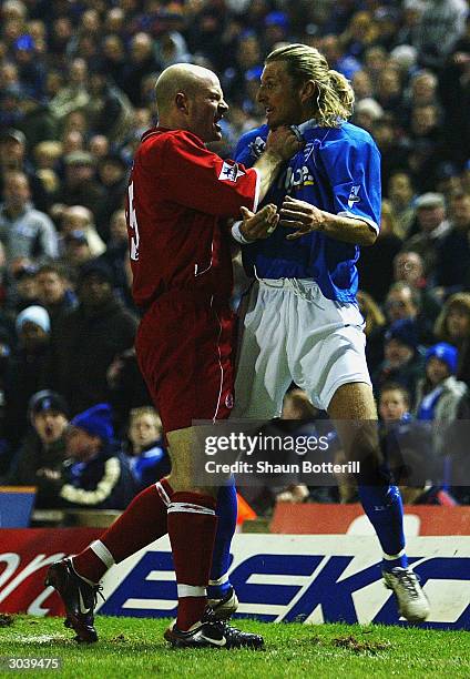 Tempers flare between Danny Mills of Middlesbrough and Robbie Savage of Birmingham City during the Barclaycard Premiership match between Birmingham...