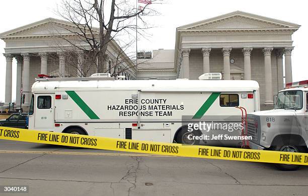 Erie Couty Hazardous Materials Responce Team Truck sits parked outside the Erie City Hall and the County Courthouse after a mysterious white powder...
