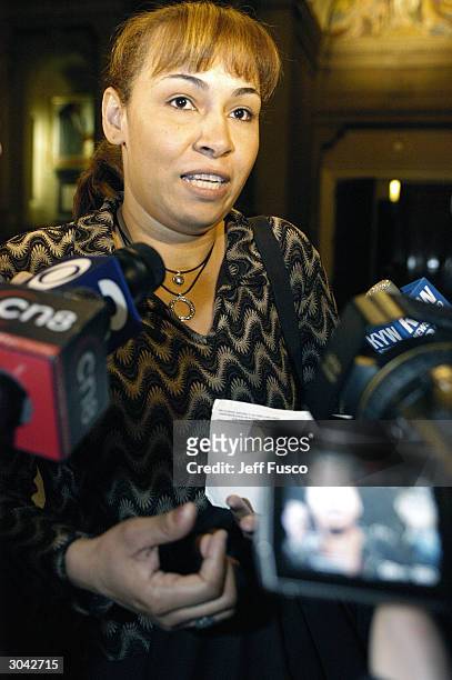 Luzaida Cuevas meets with the press at city hall March 4, 2004 in Philadelphia, Pennsylvania. Her daughter, Delimar Vera, was 10 days old when she...