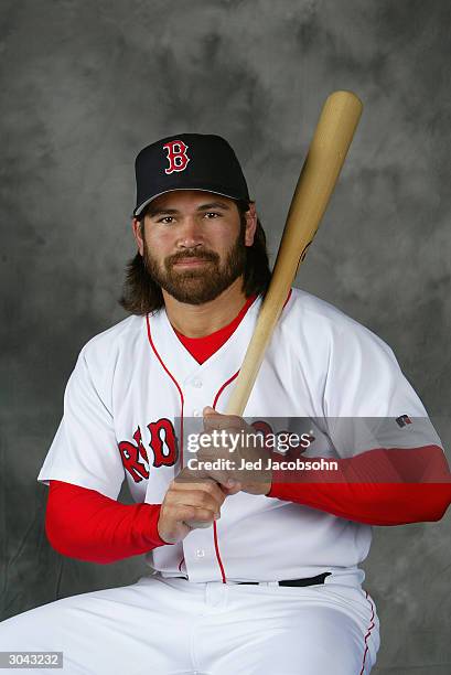 Center fielder Johnny Damon of the Boston Red Sox poses for a portrait during Photo Day at their spring training facility on February 28, 2004 in FT....