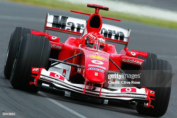 Michael Schumacher of Germany and the Ferrari Formula One Team in action during practice for the 2004 Australian Grand Prix which which is round one...