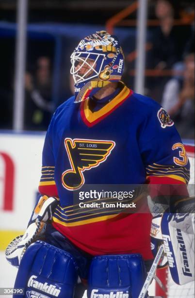 Goaltender Grant Fuhr of the St. Louis Blues in action during a playoff game against the Los Angeles Kings at the Great Western Forum in Inglewood,...