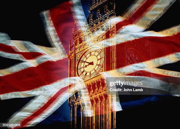 union jack and big ben, london, england (multiple exposure) - bandera del reino unido fotografías e imágenes de stock