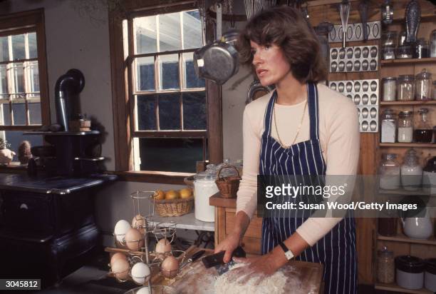 American media mogul and businesswoman Martha Stewart kneads flour in a fully-stocked kitchen, August 1976.