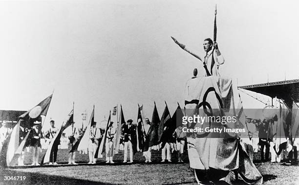 General view as Georges Andre lends the Olympic Oath during the opening ceremonies of the VIII Olympic Games on May 4, 1924 in Paris, France.