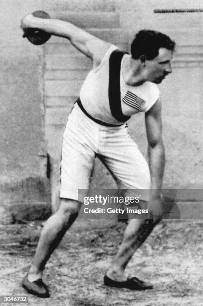 Robert Garrett of the USA wins the gold in the discus event during the I Olympic Games circa April of 1896 in Athens, Greece.