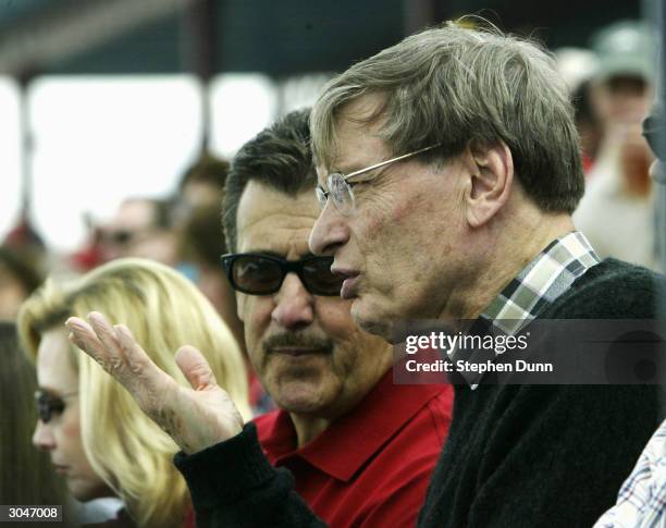 Major League Baseball Commisioner Bud Selig chats with new owner Arturo Moreno of the Anaheim Angels during the spring training game with the San...