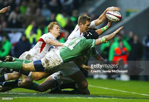 Will Greenwood of England tries to score a try in the last few minutes of the game during the RBS Six Nations match between England and Ireland at...