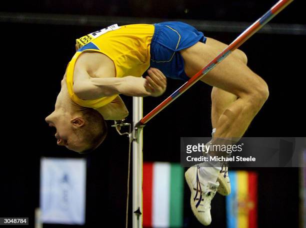 Stefan Holm of Sweden during the mens high jump final during the IAAF World Indoor Championships at the Budapest SportArena on March 6, 2004 in...