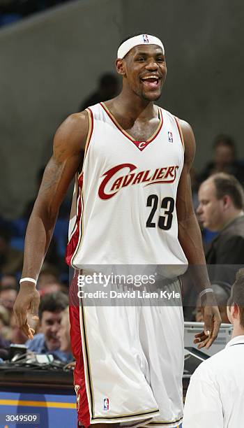 LeBron James of the Cleveland Cavaliers at the start of the game against the Milwaukee Bucks at Gund Arena at Gund Arena on March 6, 2004 in...