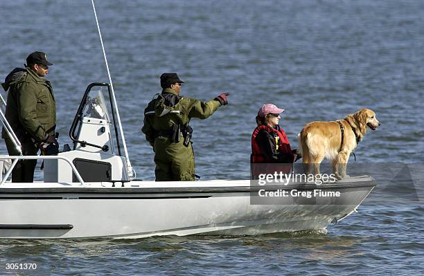 Search team uses a cadaver dog to try and locate the bodies of three missing people on Inner Harbor March 7, 2004 in Baltimore, Maryland. According...