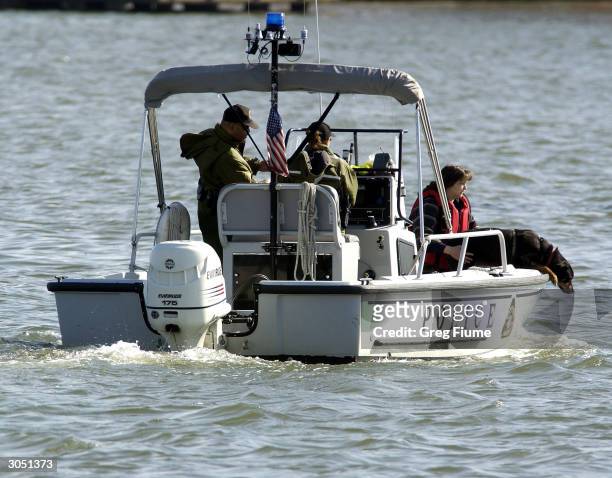Search team uses a cadaver dog to try and locate the bodies of three missing people on Inner Harbor March 7, 2004 in Baltimore, Maryland. According...