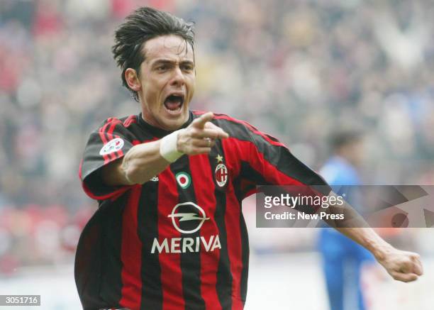 Filippo Inzaghi celebrates after scoring a goal during the Serie A match between A.C Milan and Sampdoria, on March 7 in Milan, Italy.