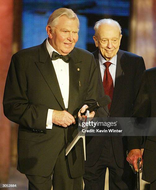 Actors Andy Griffith and Don Knotts speak on stage at the 2nd Annual TV Land Awards held on March 7, 2004 at The Hollywood Palladium, in Hollywood,...