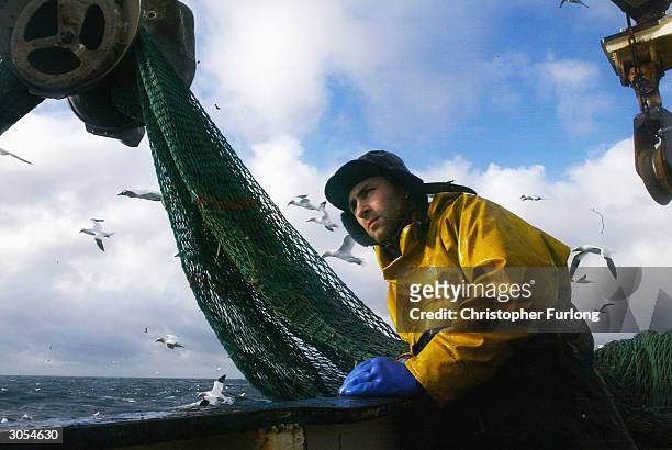 Scottish fisherman Mike Nichol on board the trawler, Carina, as the crew haul in their catch some 70 miles off the North coast of Scotland, in The...