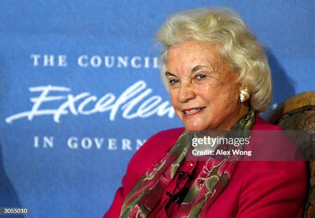 Supreme Court Associate Justice Sandra Day O'Connor smiles as she attends a discussion March 8, 2004 at Renaissance Mayflower Hotel in Washington,...