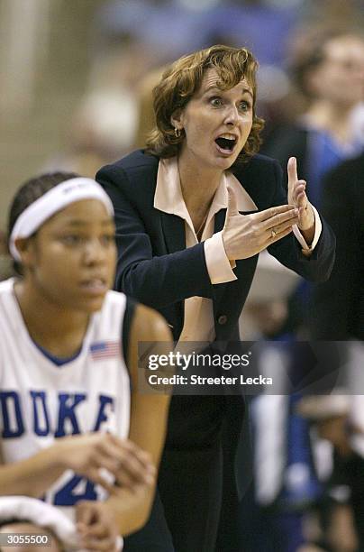 Head coach Gail Goestenkors of the Duke Blue Devils calls for a technical foul during the first half of their game against the University of North...