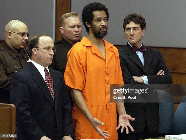 Convicted sniper John Allen Muhammad addresses the court along with his attorney's Peter Greenspun and Jonathan Shapiro prior to being sentenced to...