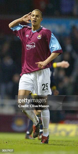 Bobby Zamora of West Ham celebrates his goal during the Nationwide Division One match between West Ham United and Wimbledon at Upton Park on March 9,...