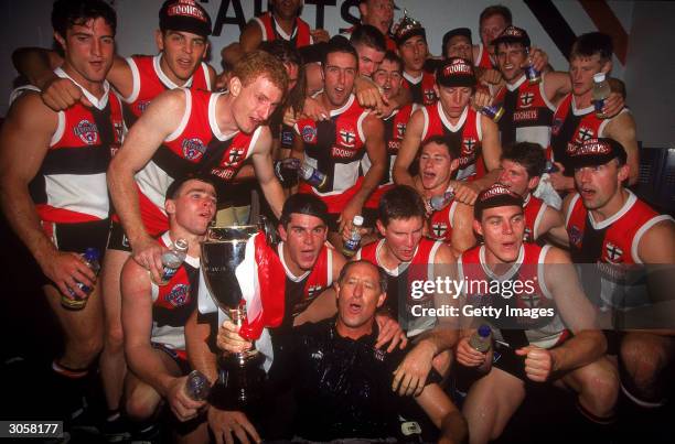 The St Kilda Saints celebrate after winning the Ansett Cup final between the St Kilda Saints and the Carlton Blues held at the Melbourne Cricket...