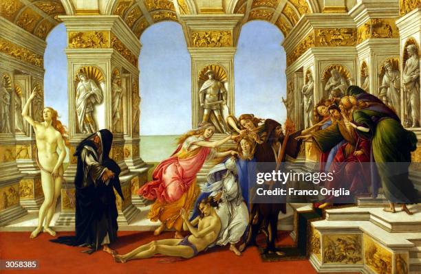 Artwork known as "The Calumny" by painter Sandro Botticelli is shown at the Botticelli exhibition at Palazzo Strozzi March 9, 2004 in Florence,...