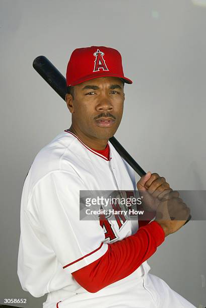 Outfielder Garret Anderson of the Anaheim Angels poses for a portrait during the 2004 MLB Spring Training Photo Day at Tempe Diablo Stadium on...