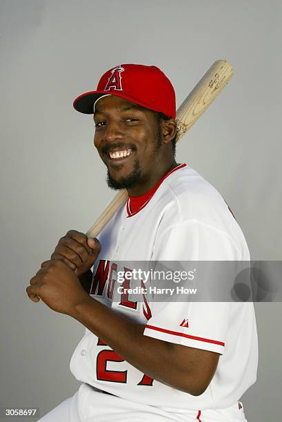 Outfielder Vladimir Guerrero of the Anaheim Angels poses for a portrait during the 2004 MLB Spring Training Photo Day at Tempe Diablo Stadium on...