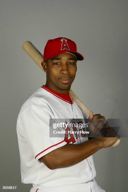 Outfielder Chone Figgins of the Anaheim Angels poses for a portrait during the 2004 MLB Spring Training Photo Day at Tempe Diablo Stadium on February...