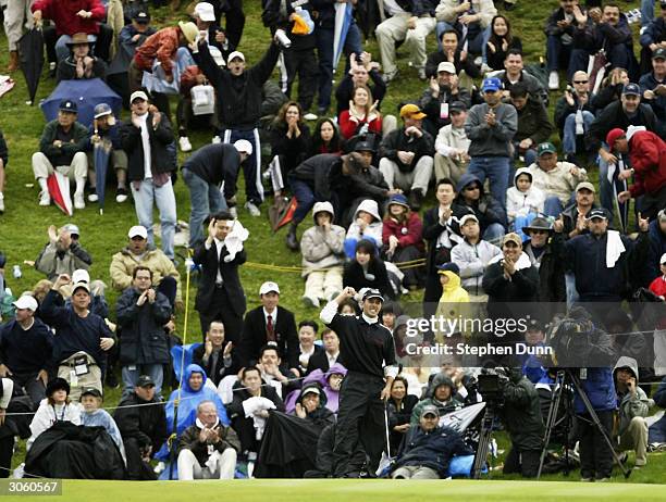 Mike Weir of Canada celebrates after sinking the winning putt on the last hole during the final round of the Nissan Open on February 22, 2004 at...