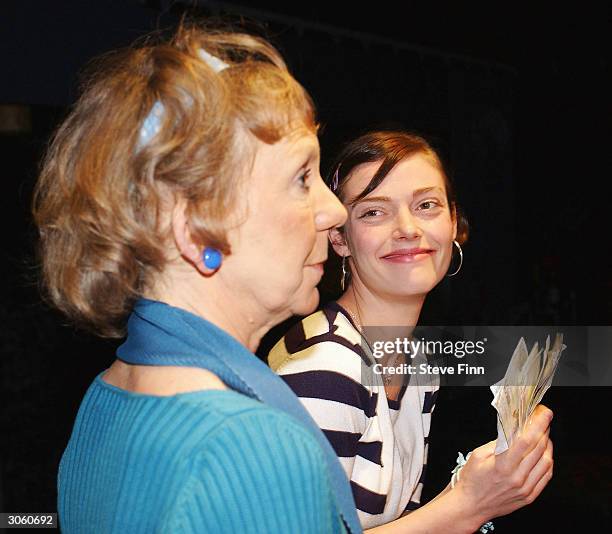 Actresses Marcia Warren and Camilla Rutherford participate in the photocall for new play "3 Women" at the Riverside Studios on March 10, 2004 in...