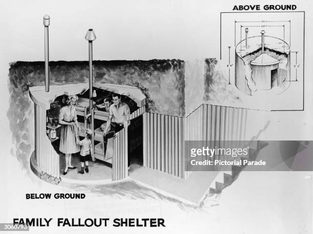 Illustration of a pre-fabricated steel and concrete family fallout shelter from the Cold War era, early 1960s.