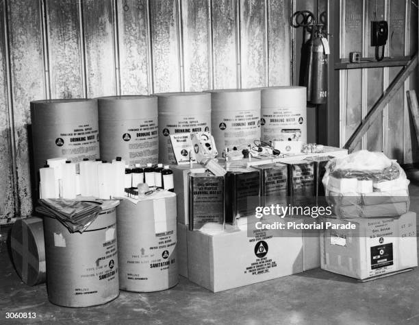 View of food, sanitation, and survival supplies issued by the U.S. Defense department for stocking a 50 person public bomb fallout shelter during the...