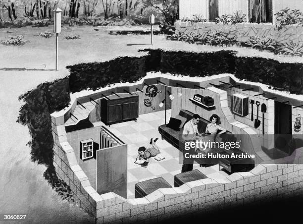 Illustration depicting a family in their back yard underground bomb shelter, early 1960s.