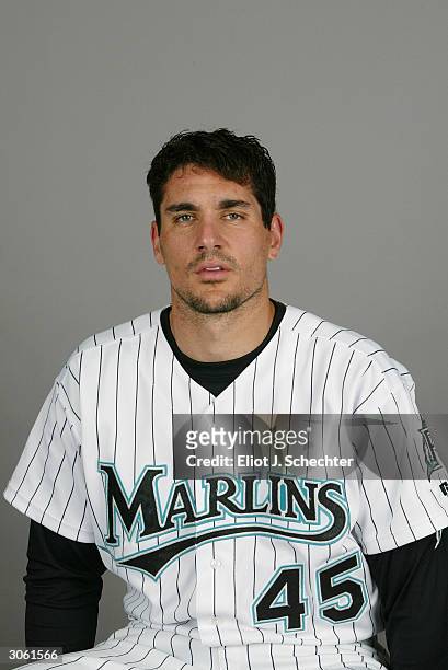 Pitcher Carl Pavano of the Florida Marlins during photo day February 28, 2004 at Roger Dean Stadium in Jupiter, Florida.