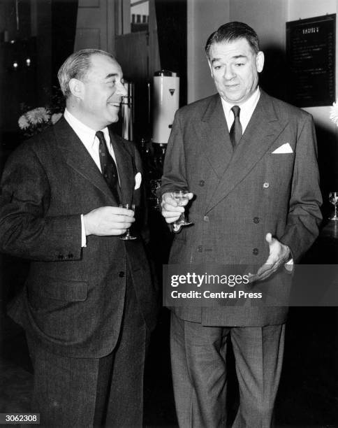 American songwriters Richard Rodgers and Oscar Hammerstein at the Theatre Royal Drury Lane, where their new show 'South Pacific' is to play.
