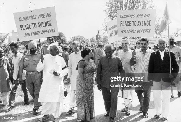 Dayabhai Patel MP with fellow Swatantra party leaders demonstrating outside the Egyptian Embassy in protest against the Palestinian commandos attack...