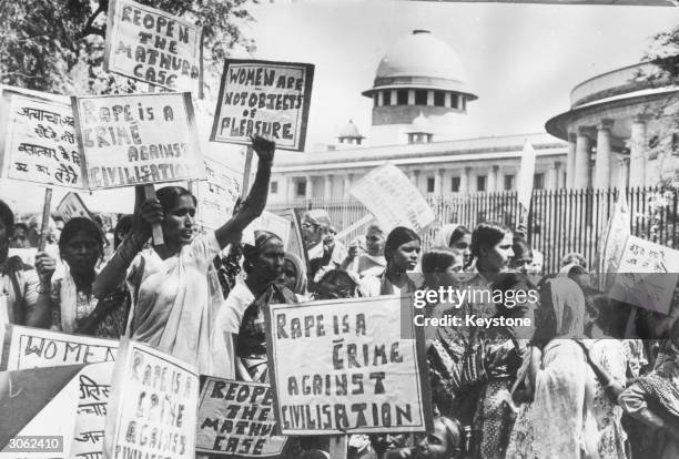 Members of the 'National Federation of Indian Women' demonstrating outside the Supreme Court, New Delhi as they demand the re-opening of the 'Mathura...