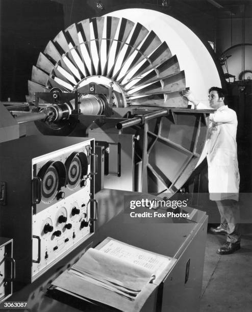 Production-built, Rolls Royce RB 211 three-shaft turbofan power unit at the Derby factory of the Rolls_Royce Aero Division as used in Lockheed L-1011...