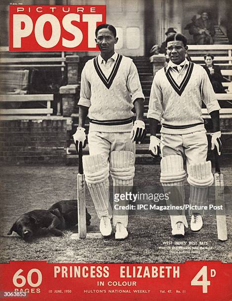 West Indies batsmen Frank Worrell and Everton de Courcy Weekes take the field during a match. The headline beneath reads 'Princess Elizabeth in...