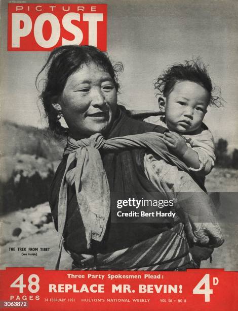 Tibetan woman carries her child on her back as she heads toward Kalimpong, Bengal, fleeing the Chinese invasion of Tibet. The headline beneath reads...
